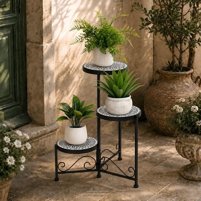 3 Tier Mosaic Plant Stand Foldable Corner Shelf for Indoor Outdoor Tall Plant Holder Display Rack for Patio Balcony Living Room Garden Decor