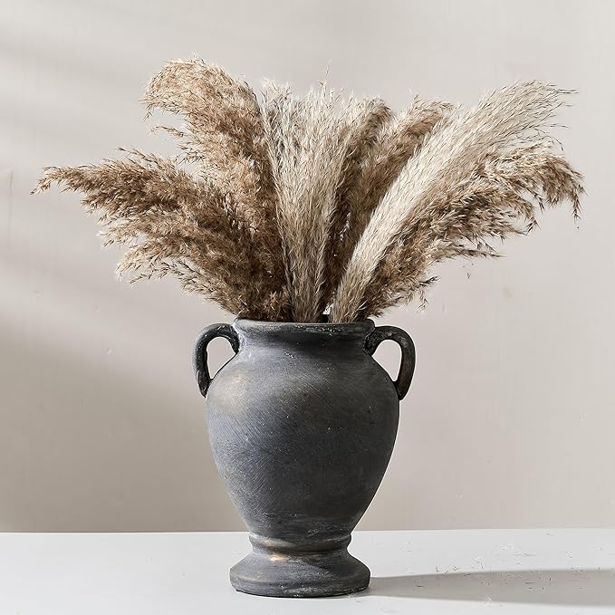Ceramic Rustic Flower Vase with Handles, 8.36 Inch Tall Vintage Pottery Home Decor, Farmhouse Terracotta Vase for Living Room, Table, Shelf, Mantel Decoration, Farmhouse- Black Bronze