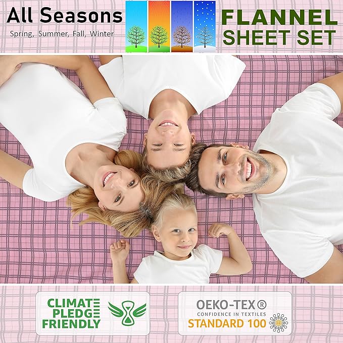 RUVANTI Flannel Sheets Full Size - 100% Cotton Double Brushed Bed Sheets Set, Deep Pockets 16 Inches, All Seasons Breathable & Extra Soft Full Sheets, Warm & Cozy, 4 Piece, Check & Bolt Pink