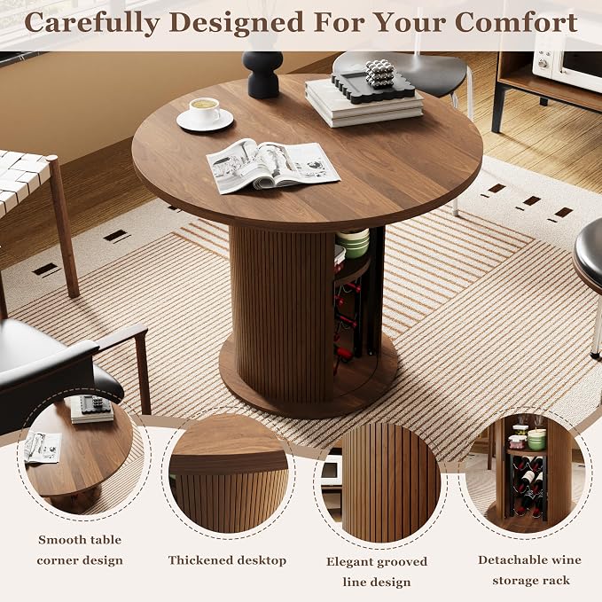 Wildhome Round Dining Table for 2-4, 31 Inch Dining Room Kitchen Table with 2-Tier Storage Shelf & Wine Rack, Modern Farmhouse Fluted Wood Slide Door Dinner Furniture,Circle(Non scalable-32 In-Walnut)