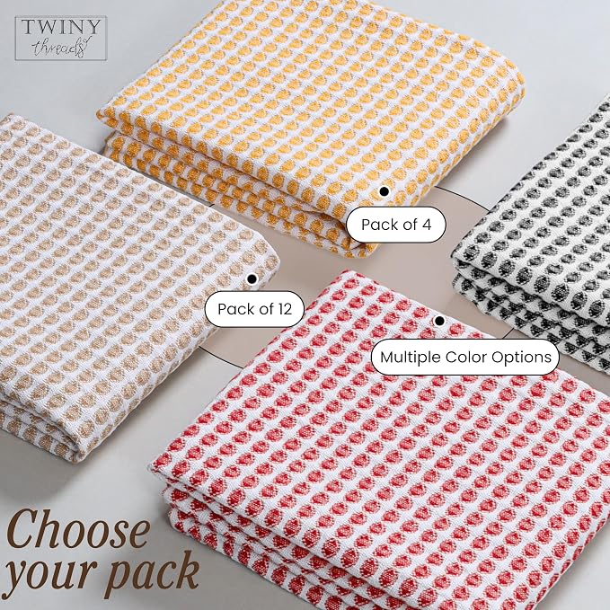 TWINY threads Circle Waffle Tea Towels Set of 4, 16x26 Inch, 100% Cotton, Durable, Soft, Waffle Weave Hand Towels, Reusable Cloths, Ideal for Cooking, Baking, Household, Assorted Colors