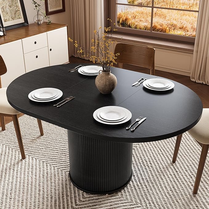 Extendable Round Dining Table for 4-8, 43in-59in Modern Wood Dining Room Table with Removable Leaves, Extendable Dinner Tables w/Heavy Duty Base for Kitchen|Living Room|Small Space, Black