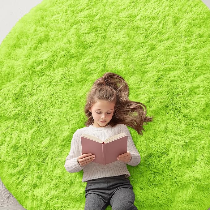 OLANLY Lime Green Round Rugs for Bedroom - Machine Washable, 6 ft Circle Area Rugs for Living Room, Soft and Fluffy Shaggy Carpet for Teen Girl and Boys, Nursery Rooms, Dorms, Home Decor Aesthetic