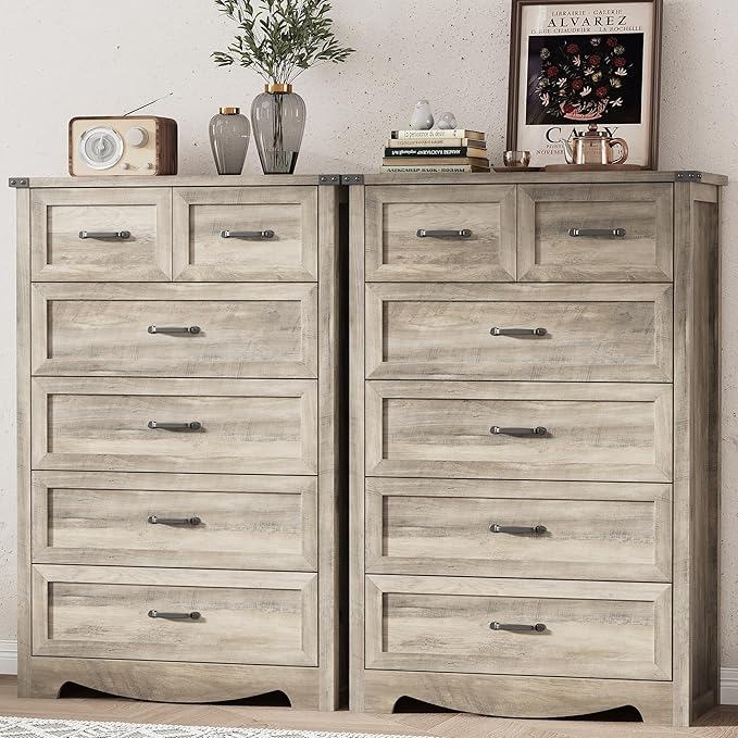 Dresser for Bedroom with 6 Drawers, 49" Tall Wood Chest of Drawers with Deep Drawers & Mental Handle, Modern Dresser TV Stand, Wooden Closet Storage Organizer for Living Room, Hallway, Entryway, Grey
