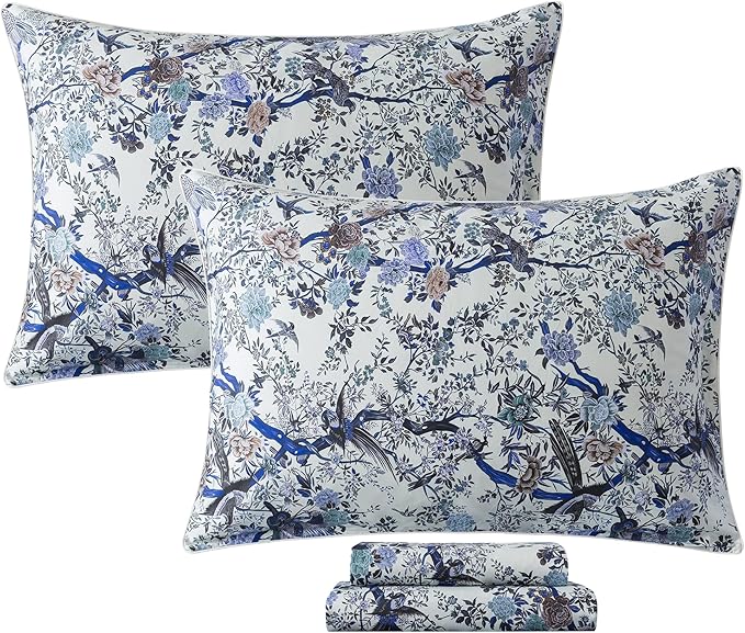 FADFAY Sheets Set Twin XL Botanical Bird Floral Bed Sheets Set Vintage Blue Farmhouse Bedding Shabby Branches Bedding Collections 100% Egyptian Cotton Breathable Soft Deep Pocket 4Pcs, Twin XL Size