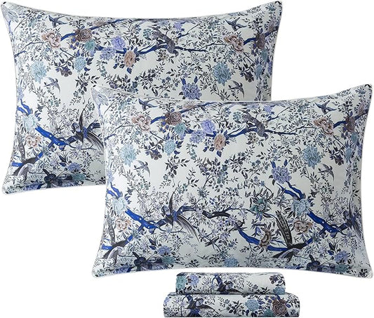 FADFAY Sheets Set Twin XL Botanical Bird Floral Bed Sheets Set Vintage Blue Farmhouse Bedding Shabby Branches Bedding Collections 100% Egyptian Cotton Breathable Soft Deep Pocket 4Pcs, Twin XL Size