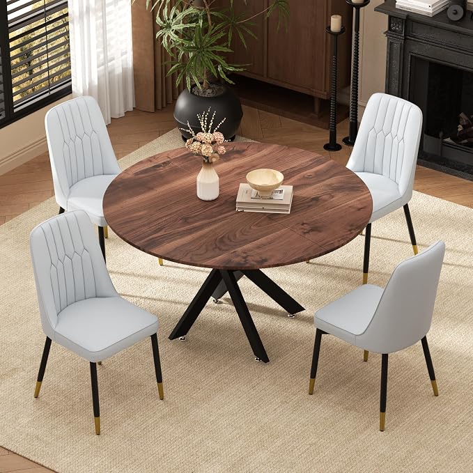 RGZ Mid Century Walnut Round Dining Table Set for 4, 47" Large Wooden Circle Kitchen Table & 4 Light Gray PU Leather Kitchen Chairs, Dinner Table Set for Home, Apartment, Dining Room
