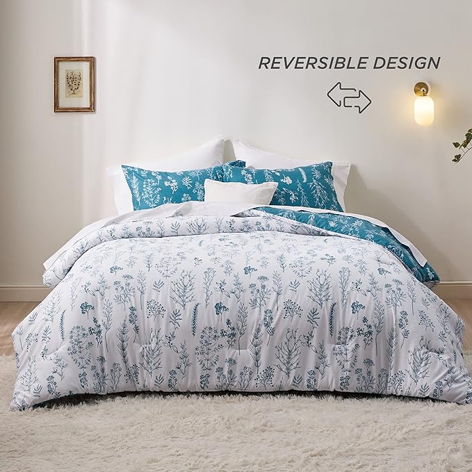 Bedsure King Comforter Set - Teal Blue Bed Set, 3 Pieces Cute Floral Bedding, 1 Soft Reversible Botanical Flowers Comforter and 2 Pillow Shams