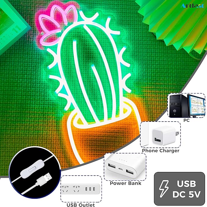 Cactus Neon Sign Potted Neon Light Cactus With a Flower LED Light Sign Plant Sign Houseplant Decoration Neon Aesthetic Decor for Bedroom Flower Store Birthday Holiday