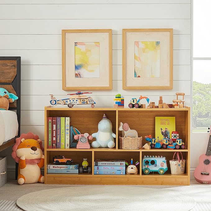 Kids Toy Storage Organizer, 5-Section Storage Cabinet for Organizing Books Toys, Wooden Bookshelf Daycare Furniture for School, Classroom Playroom, Nursery, Kindergarten (Natural)