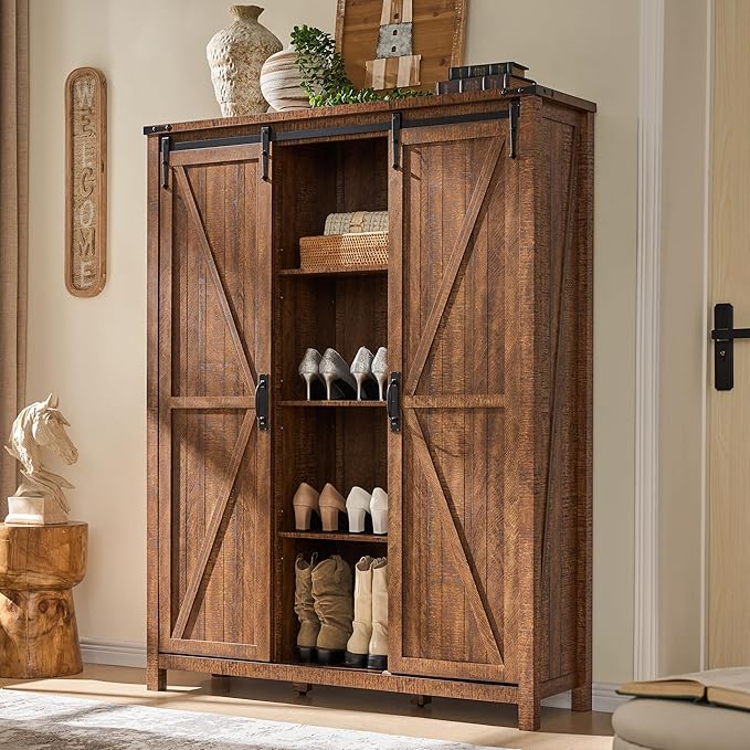 OKD Storage Cabinet with 2 Sliding Door, 7-Tier 62" Tall Farmhouse Entryway Shoe Cabinet, Freestanding Rustic Hidden Shoe Organizer for Entryway, Reclaimed Barnwood