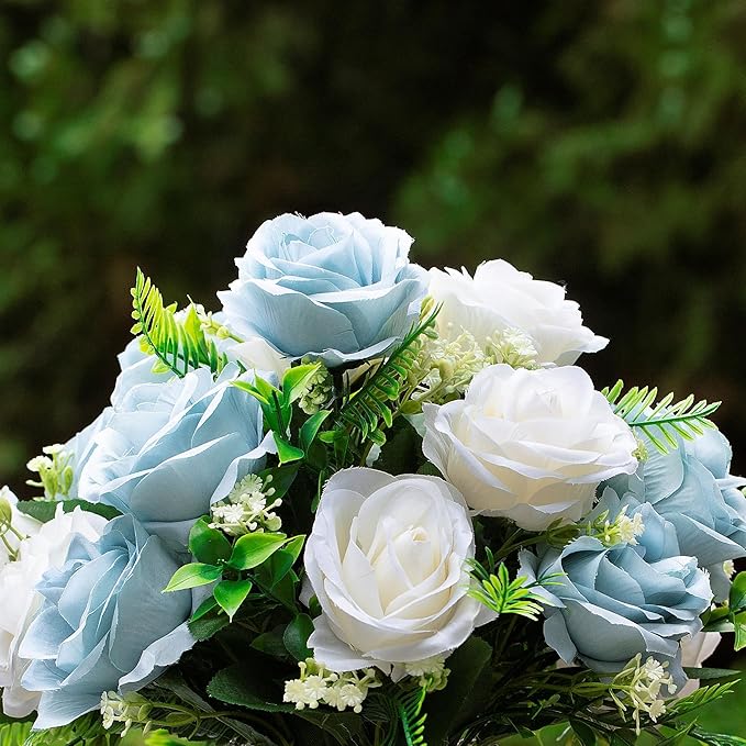 ENOVA FLORAL 18 Heads Silk Rose Artificial Flowers in Vase,Faux Rose Flowers Arrangement in Round Bowl Vase with Faux Water and River Rock for Table Decor Centerpieces (Blue Cream)
