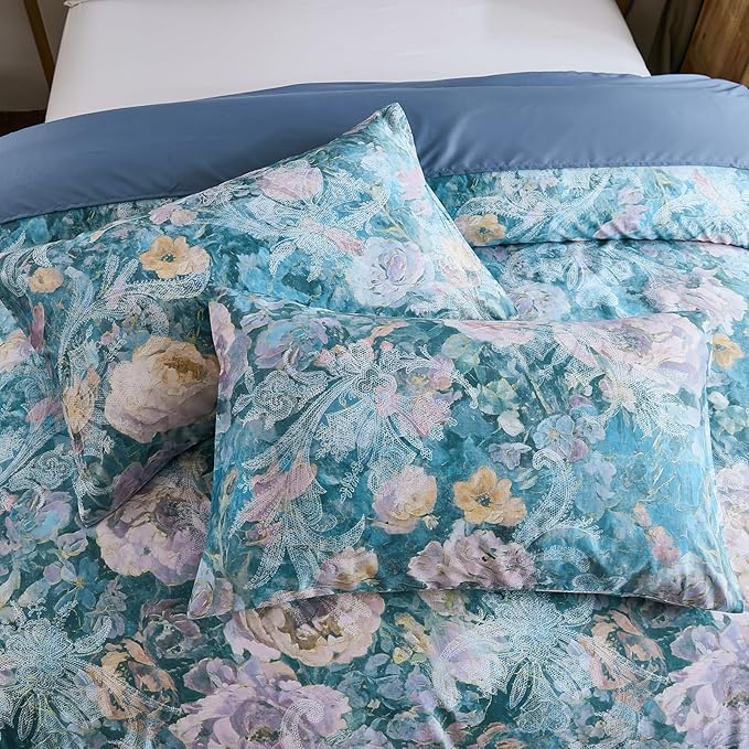 100% Cotton Duvet Cover King Size – Navy Blue Watercolor Floral Duvet Cover Set with Zipper Closure & Corner Ties, 3-Piece Silky Soft & Breathable Bedding Set for All Seasons