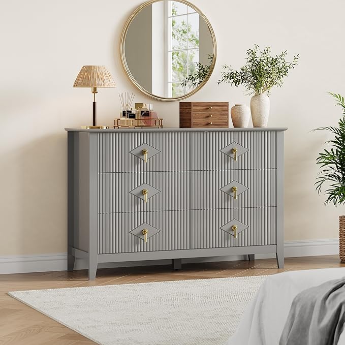 GarveeHome Fluted Dresser for Bedroom, 47.2 Inch Wide 6-Drawer Wood Dresser, Modern Chest of Drawers, Storage Organizer Cabinet for Living Room, Hallway, Entryway, Grey