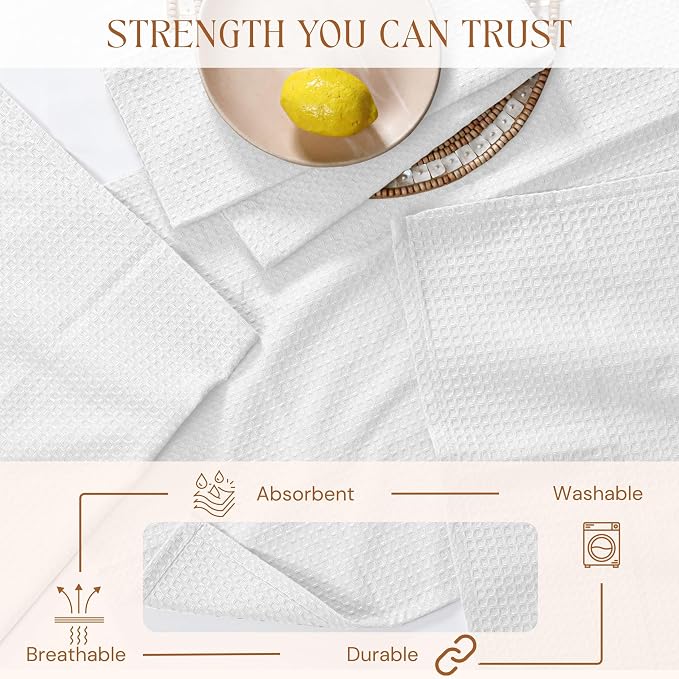 White Waffle Kitchen Towels Set of 4-100% Cotton, Super Absorbent, Soft, Quick Drying, 16x26 Inches, with Hanging Loop, Perfect for Dish Drying, Cleaning, Bar & Everyday Use