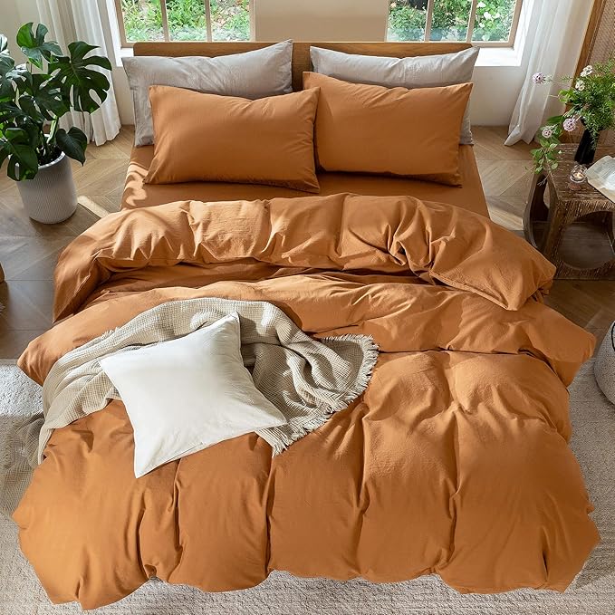 MooMee Bedding Duvet Cover Set 100% Washed Cotton Linen Like Textured Breathable Durable Soft Comfy (Solid Burnt Orange, Oversized Queen 98"x98")