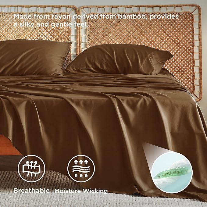 Bedsure King Size Sheets Set, Cooling Sheets for Hot Sleepers, Rayon Derived from Bamboo, Breathable & Soft, Deep Pocket Up to 16 Inches, Hotel Luxury Silky Bedding, Brown