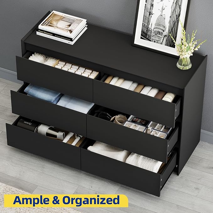 Black Dresser for Bedroom, 47" Wide Chest of Drawers, Simply Modern 6 Drawer Storage Organizer for Closet, Hallway, or Living Room