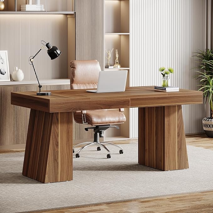 Tribesigns 55 Inches Executive Desk, Mid-Century Modern Home Office Desk with Double Trapezoid Base, Wood Computer Desk Business Workstation Desk Small Conference Table, Brown