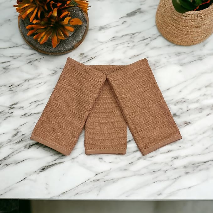 Beige Clay Peach Blush Tan Pink Kitchen Hand Dish Towels: Oversized 28" x 18",100% Cotton Cloth Soft Cleaning Drying Absorbent Textured Design, Set of 3 Multipurpose for Everyday Use (Sandstone)