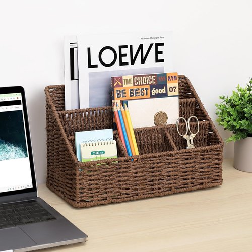 DINGTAI Rattan Desk Organizer - 5-Slot Mail Holder & Wicker Magazine Basket | Brown Boho Office Decor