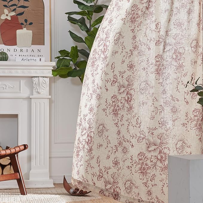 jinchan Linen Blend Curtain Floral Curtains for Living Room 90 Inch Length Christmas Brick Red Printed Curtain Rod Pocket Back Tab Farmhouse Peony Flower Patterned Drapes Curtains Set 2 Panels
