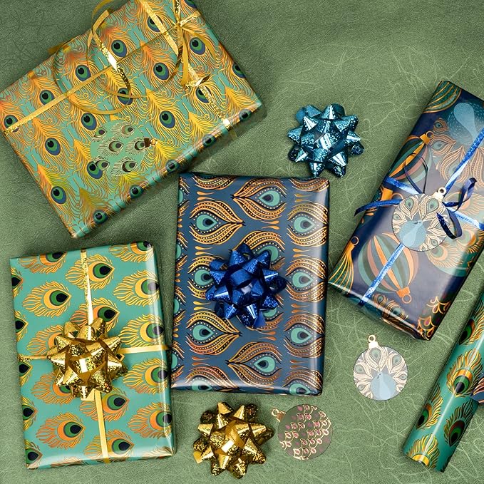 WRAPAHOLIC Peacock Christmas Wrapping Paper Set - Green Peacock Elements Patterns with Metallic Foil Shine Wrapping Paper Bundle with Gift Bow & Ribbon & Tag & Sticker