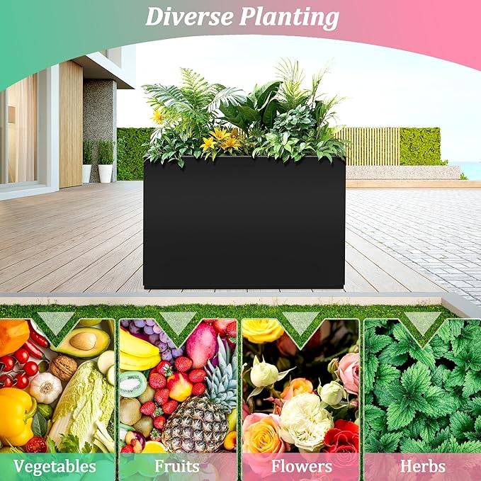 Metal Planter Box Rectangular Planter Box with Drainage Hole, Outdoor Large Planters, All-Weather Use, Rust-Resistance, for Flowers Plants, 35.4" L × 9.1" W × 25.6" H, Black