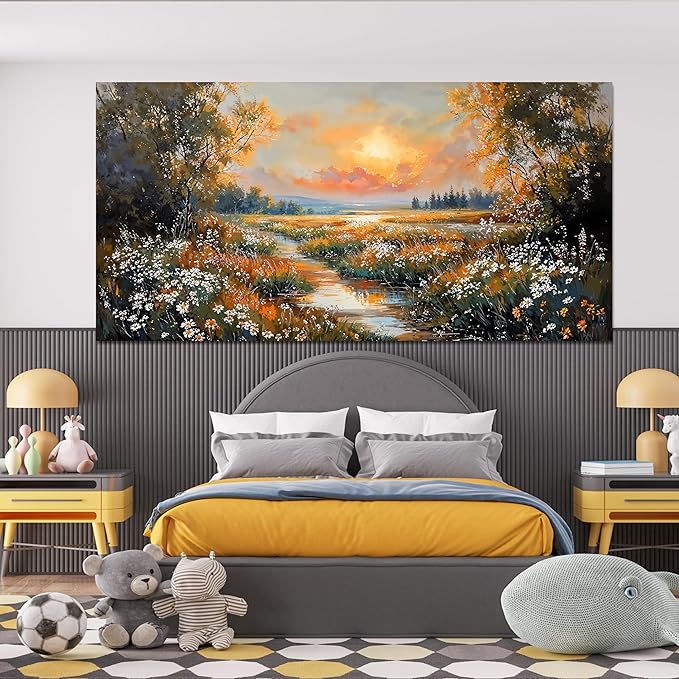 Canvas Wall Art Decor Large Vintage Wildflower Wall Art Prints Canvas Wall Art for Living Room River Sunset Art Work for Wall Decor Oversized Artwork for Walls Bedroom Office Wall art Decor 29" X 58"