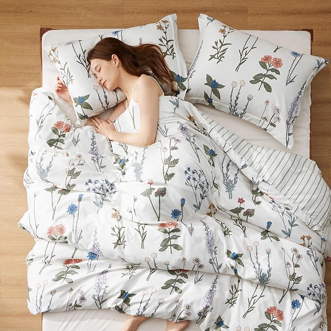 Bedsure Twin/Twin XL Comforter Set - Twin Extra Long Comforter Set, Cute Floral Dorm Bedding, 2 Pieces, 1 Soft Reversible Coconut White Botanical Flowers Comforter and 1 Pillow Sham