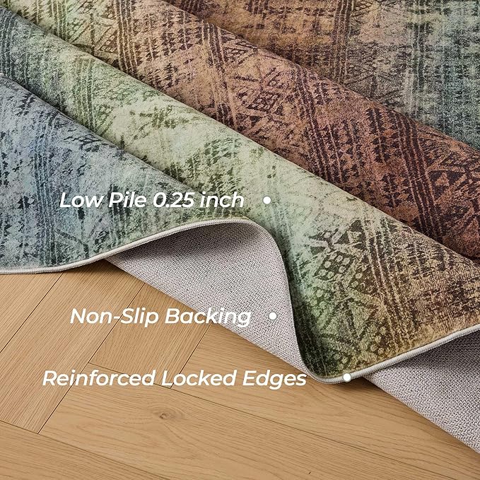 Kokia Abstract Area Rugs 8x10 Bedroom Soft Living Room Rugs Washable Distressed Vintage Comfy Carpet with Non-Slip Backing for Farmhouse Home Office Room Decor, Warm Brown and Dark Sage Green