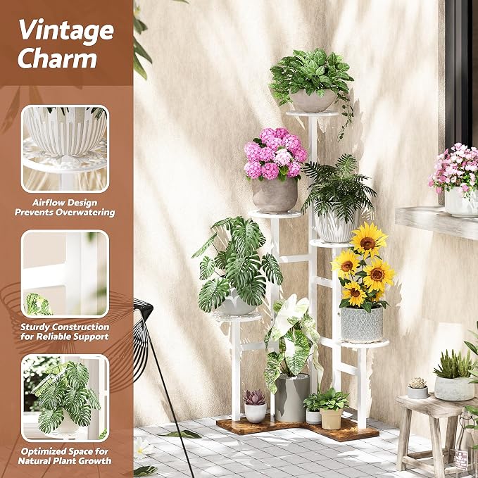 6 Tier Plant Stand Indoor Outdoor, Tall Metal Wood Shelf Tiered Planter Display Shelving Unit for Living Room Bedroom Balcony