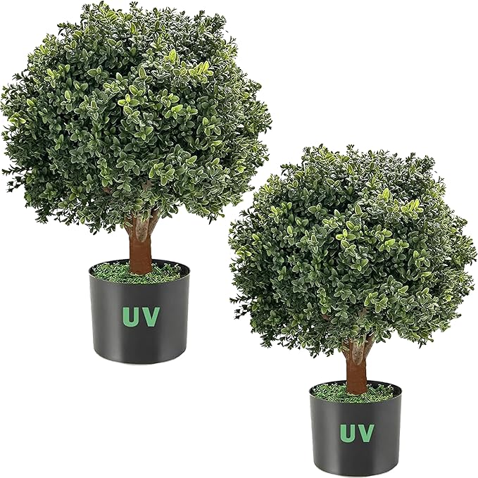 26''T 17D'' Artificial Boxwood Topiary Ball for Outdoors, Set of 2 Potted Bushes, Artificial Boxwood Plants for Front