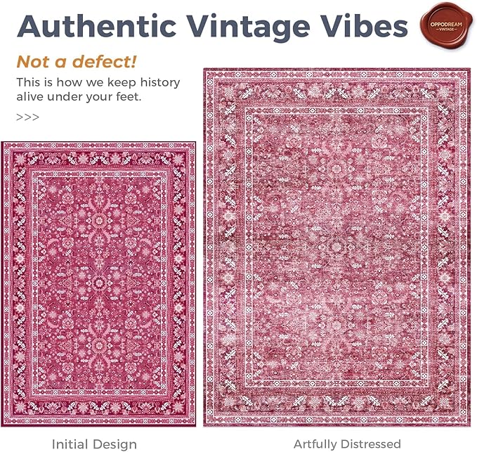 OPPODREAM Vintage Hot Pink Area Rugs 8x10, 8 x 10 Retro Washable Rug Non Slip, Low-Pile Faux Wool Carpet, Distressed Floor Mat for Living Room, Bedroom, Office, Dorm, Dinning Room, Big & Large