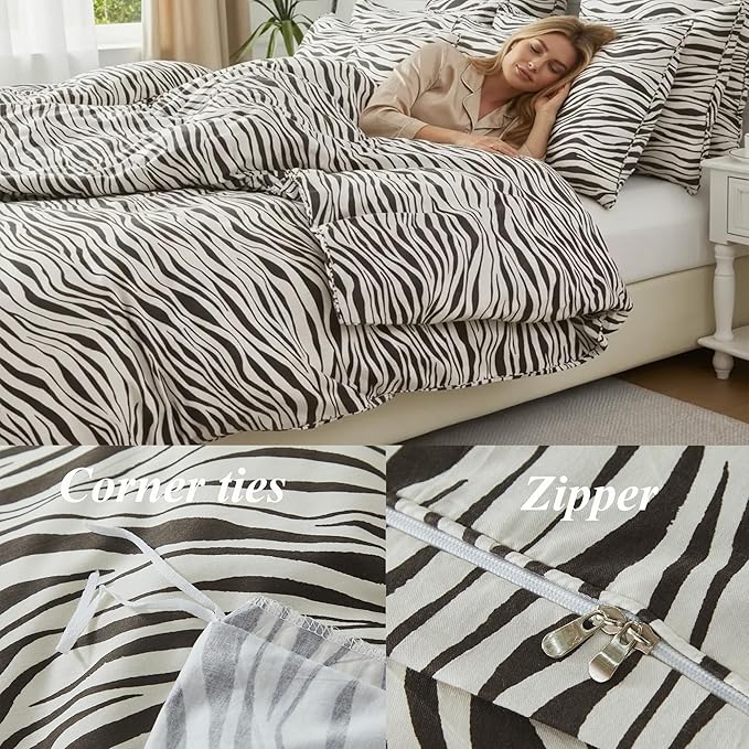FADFAY Zebra Duvet Cover Queen, 100% Cotton Chocolate and White Animal Print Bedding Set, 3 Pieces with Zipper Closure & Corner Ties