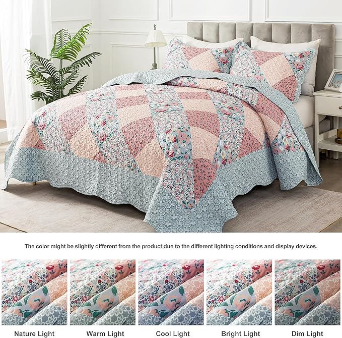 HoneiLife King Quilt Bedding Sets - Microfiber Quilt Set 3-Pieces,Lightweight Bedspreads Patchwork Coverlets Retro Bed Cover Quilt King Size All Season Quilts