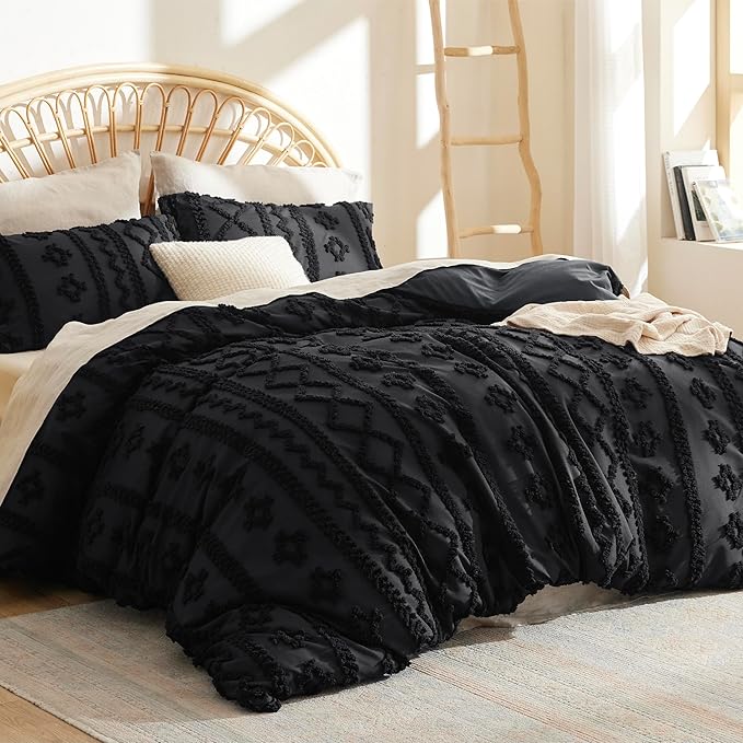Bedsure Boho Duvet Cover Queen Size, Soft & Comfortable Elegant Design Boho Bedding for Decoration, Machine Washable Comforter Cover for All Seasons,Includes 1 Duvet Cover & 2 Pillow Shams,Black
