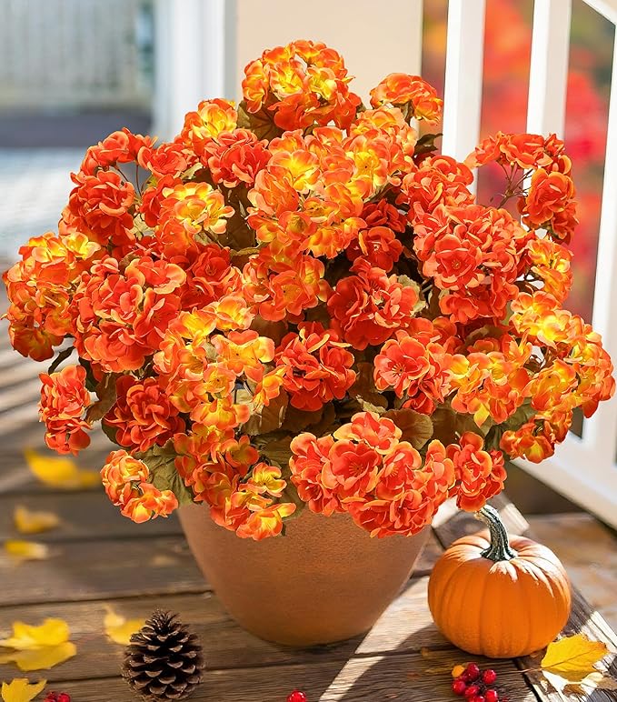 Fake Geraniums Artificial Flowers for Outdoors Fall Autumn Decoration, 6 Bundles Silk Geraniums Look Real Faux Fall Flowers Plants for Front Door Garden Planter Patio Balcony Yard Home Indoor, Mix