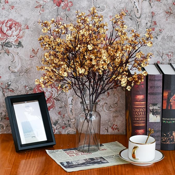 Mandy's Gold Artificial Baby’s Breath European Flowers 15 Bundles Silk Gypsophila with Bendable Stems for Fall Thanksgiving & Christmas Centerpiece Wedding Decor and Table Arrangements