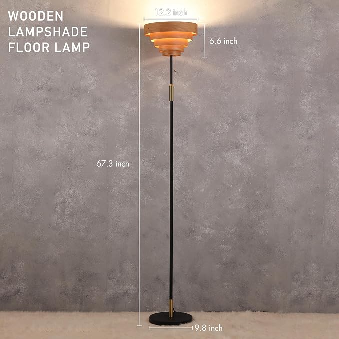 O'Bright Cascade Floor Lamp – Modern Wooden Layered Lampshade, E26 Socket, Pull Chain Switch, Metal Base, Standing Lamp for Living Room, Bedroom, Office, Black