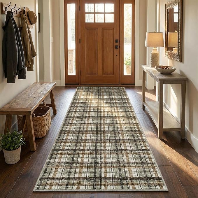 Washable Runners for Hallways 2x8 Rug Modern Bathroom Rugs Non Slip Kitchen Rugs Farmhouse Low Pile Entryway Rug Soft Stain Resistant Carpet for Laundry Hallway Bedside, 2'x8' Celadon&Coffee