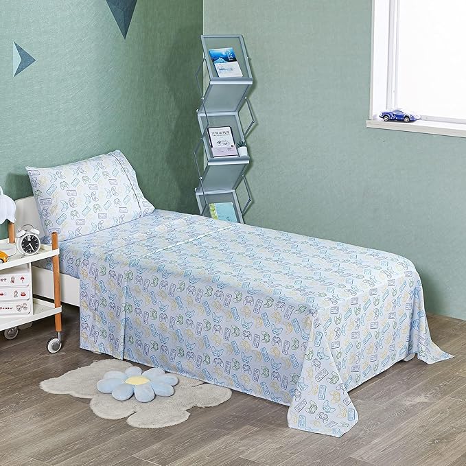 Viviland 4 Pieces Boys Grey Full Sheet Set - Soft Microfiber Fitted Flat Sheets & Pillowcase - Game Player Paddle Printed Bedding Sets - for Kids & Toddlers