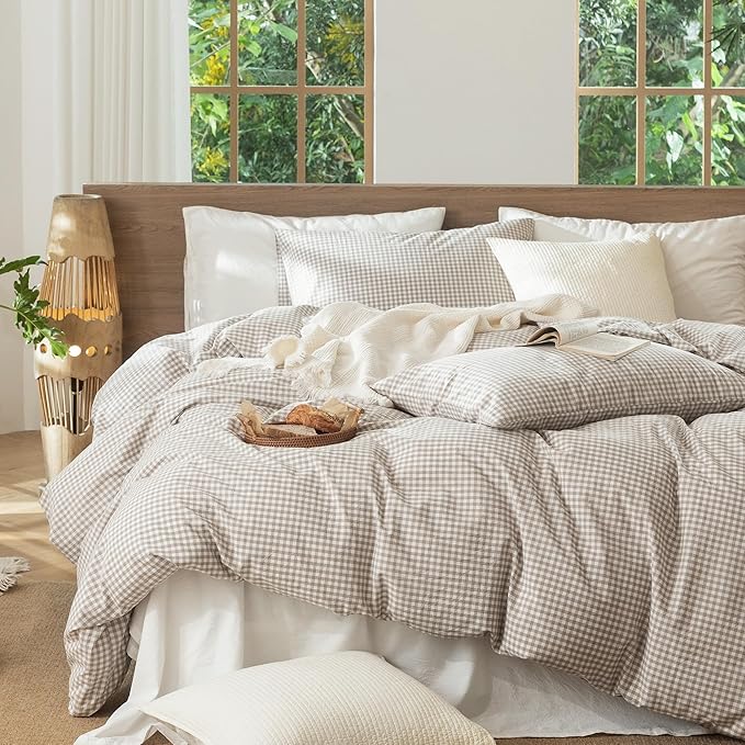 MooMee Gingham Duvet Cover Set 100% Washed Cotton Linen Like Textured Breathable Durable Soft Comfy Modern Checkered Design (Mini Gingham Tannish Linen Grey, Palatial King/Oversized King 120"x98")