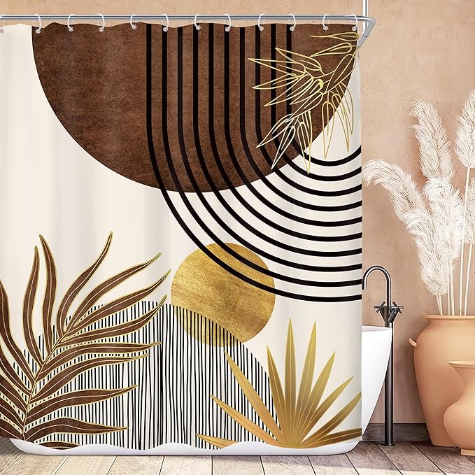 KOMLLEX Mid Century Boho Shower Curtain for Bathroom Decor 60Wx72H Inches Abstract Modern Sun Minimalist Arch Golden Leaves Art Line Geometric Aesthetic Fabric Waterproof Polyester 12 Pack Hooks