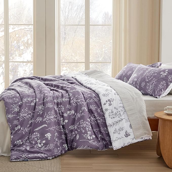 Bedsure Twin/Twin XL Comforter Set - Grayish Purple Bed Set, 2 Pieces Cute Floral Bedding, 1 Soft Reversible Botanical Flowers Comforter and 1 Pillow Sham