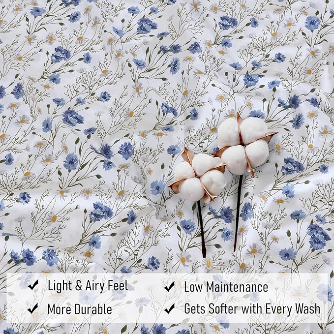 RUVANTI 100% Cotton Twin Sheets Set, 3 Pieces, Soft & Breathable Percale Weave Bedding, Deep Pocket 16", Hotel Standard, Crisp Cool Feel, Durable, Perfect Floral Bed Sheet, Sweet Pea