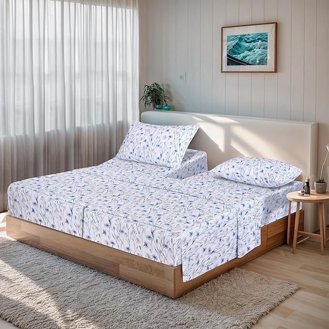 RUVANTI 100% Organic Cotton Sheets Split King, Percale Weave, GOTS Certified, 5-Piece Set, Deep Pocket 15", Crisp & Breathable, Soft Durable Bedding, Sábanas Algodón Orgánico – Daisy Bud
