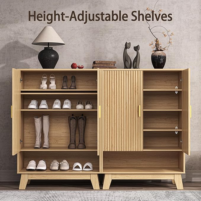 BOXACTION 4-Tier Fluted Shoe Cabinet with 2 Doors & Open Shelf, Mid Century Modern Shoe Storage Organizer with Adjustable Shelves, Metal Handles & Wood Legs, Hidden Shoe Rack for Entryway, Hallway