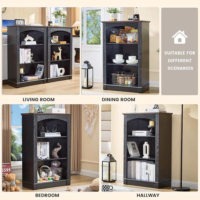 Black Bookshelf, 3 Tier Bookcase and Kids Bookshelf, Small Storage Cabinet with Wooden Cube Storage Organizer, Modern Book Shelf for Bedroom Furniture, Living Room, Office, Toy Organizer Cabinet