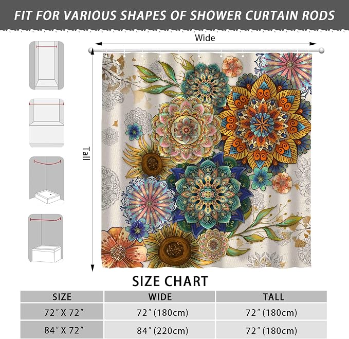 Mid Century Abstract Boho Aesthetic Shower Curtain Set, Green Nature Leaf Sun Modern Minimalist Home Bathroom Curtain Decor with 12 Hooks 72 Inch Wide * 72 Inch High